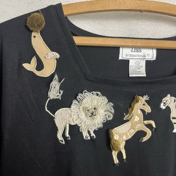 VTG Lisa International Embellished Animal Top Horse Ostrich Zebra Lion Seal‎ Tee - Picture 2 of 7